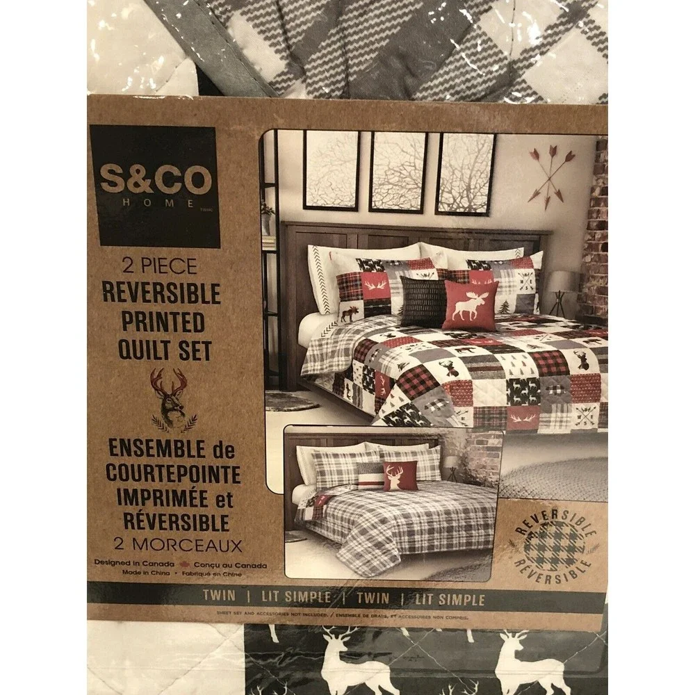 New Patchwork Reversible Printed Holiday Quilt 2 PC Set Twin Moose Bear Reindeer